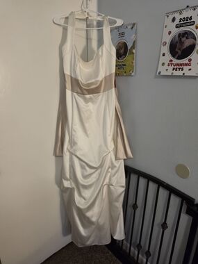 Niki Lavis Ivory Satin Halter Dress with Champagne Waistband
